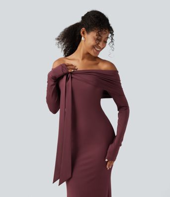 Off Shoulder Long Sleeve Ruched Built-in Bra Mermaid Maxi Dress 