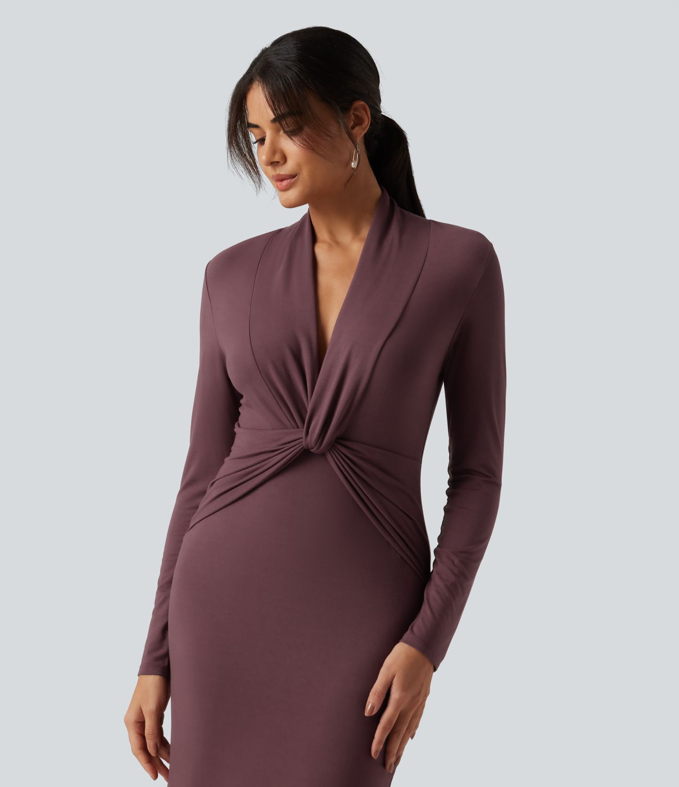 V Neck Long Sleeve Twisted Bodycon A-Line Midi Party Dress V Neck Long Sleeve Twisted Bodycon A-Line Midi Party Dress