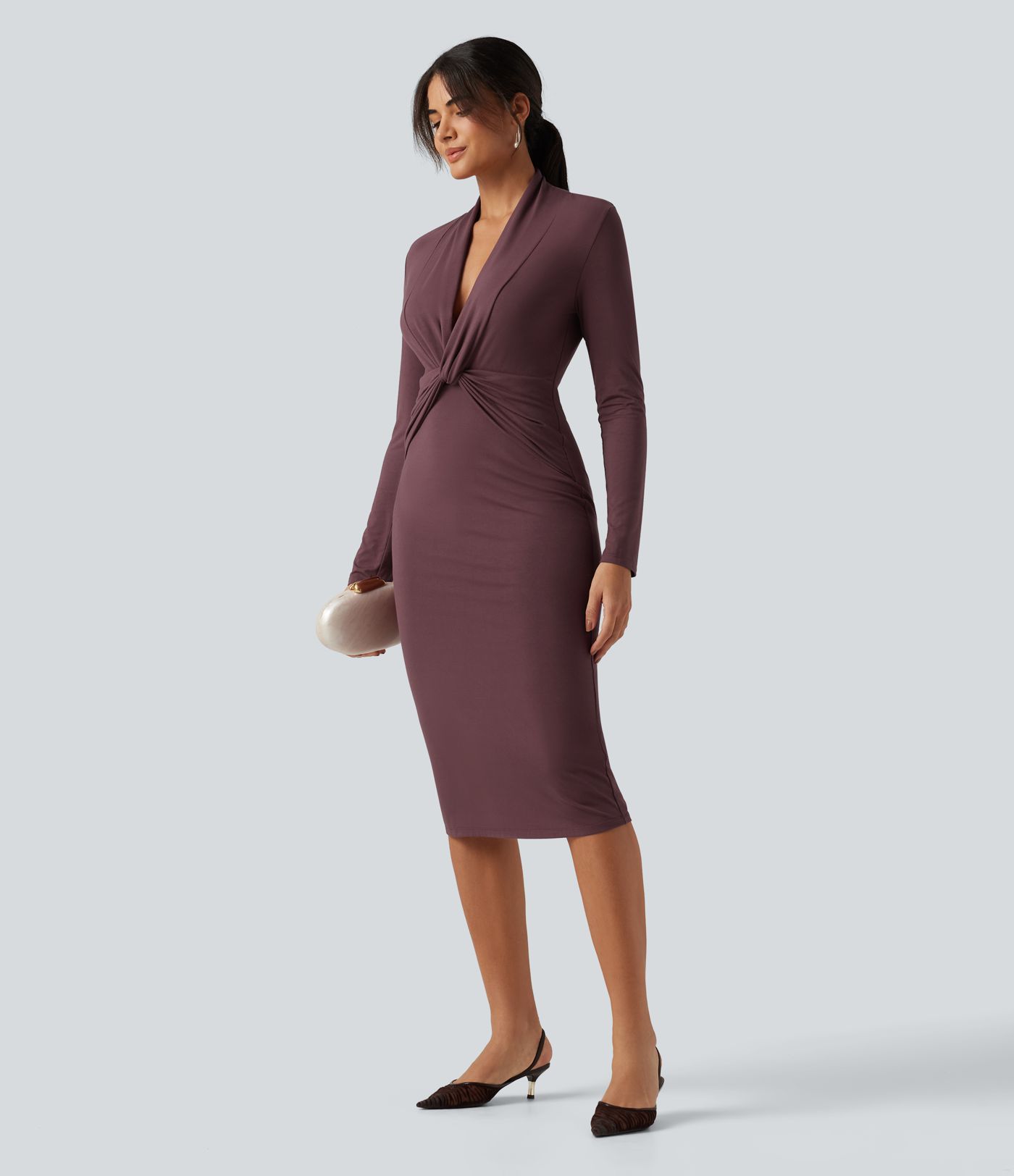 V Neck Long Sleeve Twisted Bodycon A-Line Midi Party Dress V Neck Long Sleeve Twisted Bodycon A-Line Midi Party Dress