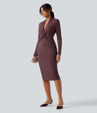 V Neck Long Sleeve Twisted Bodycon A-Line Midi Party Dress V Neck Long Sleeve Twisted Bodycon A-Line Midi Party Dress