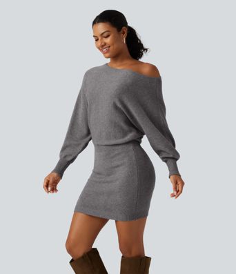 One Shoulder Batwing Long Sleeve Bodycon Mini Work Sweater Dress One Shoulder Batwing Long Sleeve Bodycon Mini Work Sweater Dress