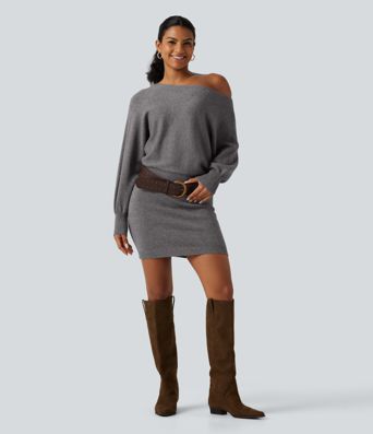 One Shoulder Batwing Long Sleeve Bodycon Mini Work Sweater Dress One Shoulder Batwing Long Sleeve Bodycon Mini Work Sweater Dress