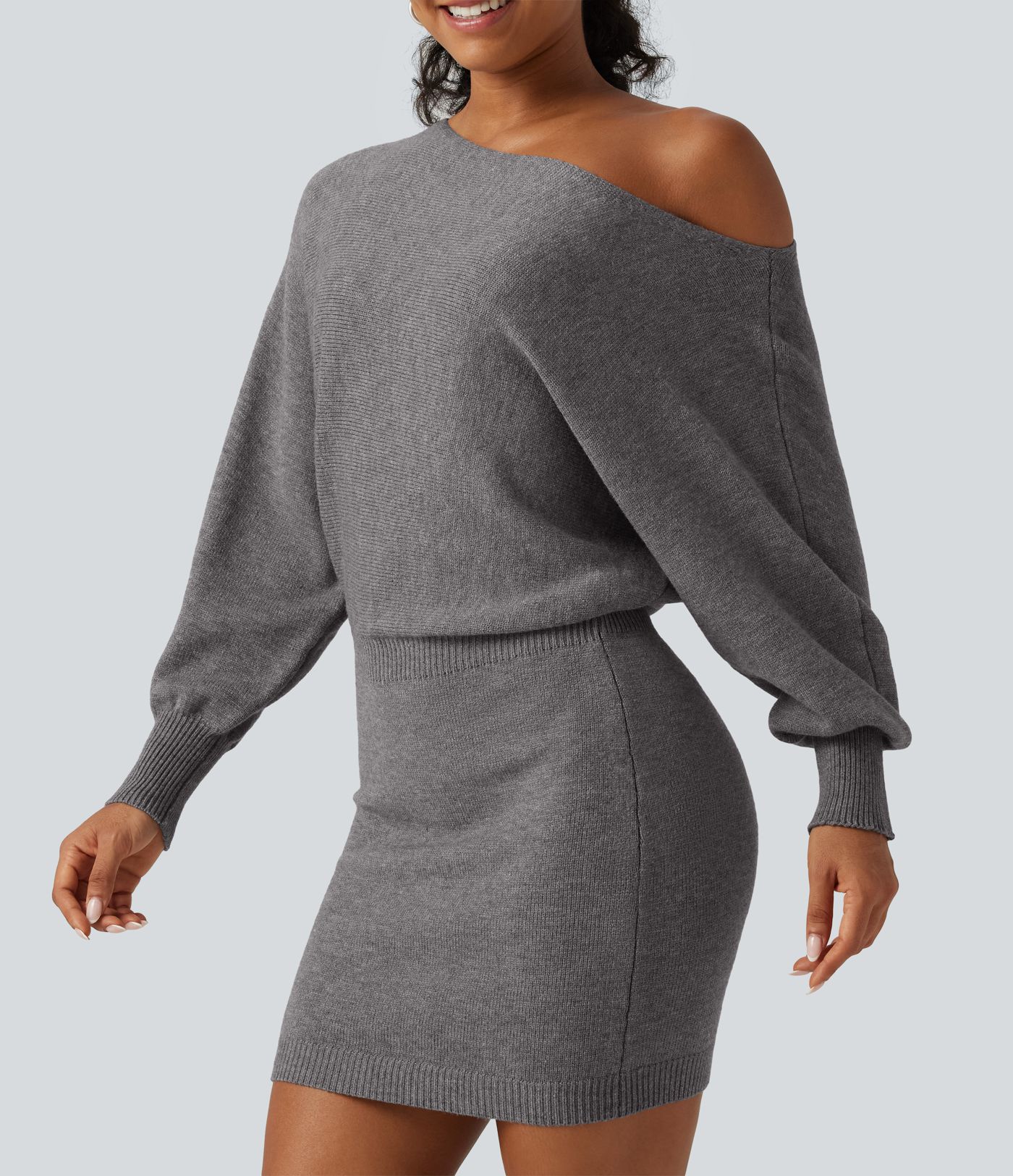 One Shoulder Batwing Long Sleeve Bodycon Mini Work Sweater Dress One Shoulder Batwing Long Sleeve Bodycon Mini Work Sweater Dress