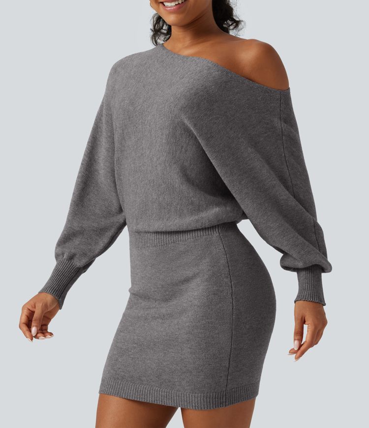 One Shoulder Batwing Long Sleeve Bodycon Mini Work Sweater Dress One Shoulder Batwing Long Sleeve Bodycon Mini Work Sweater Dress