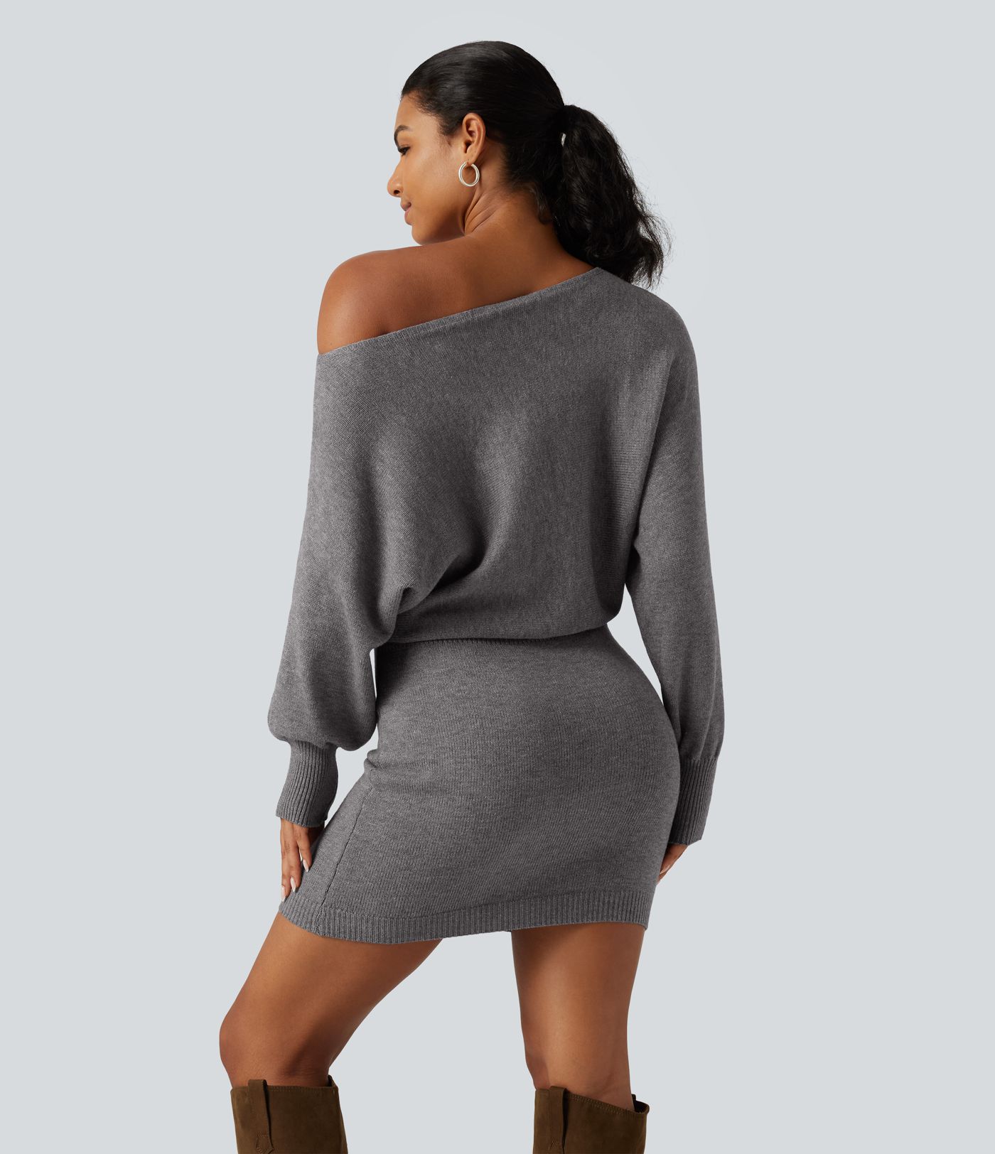 One Shoulder Batwing Long Sleeve Bodycon Mini Work Sweater Dress One Shoulder Batwing Long Sleeve Bodycon Mini Work Sweater Dress