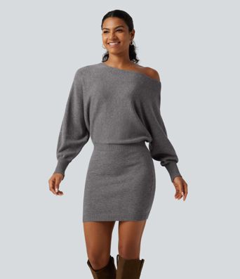 One Shoulder Batwing Long Sleeve Bodycon Mini Work Sweater Dress One Shoulder Batwing Long Sleeve Bodycon Mini Work Sweater Dress