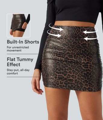 High Waisted Tummy Control Ruched Curved Hem 2-in-1 Stretchy PU Leopard Print Mini Skirt