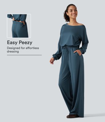 One Shoulder Long Sleeve Drawstring Baggy Casual Jumpsuit with Pockets-Easy Peezy Edition One Shoulder Long Sleeve Drawstring Baggy Casual Jumpsuit with Pockets-Easy Peezy Edition