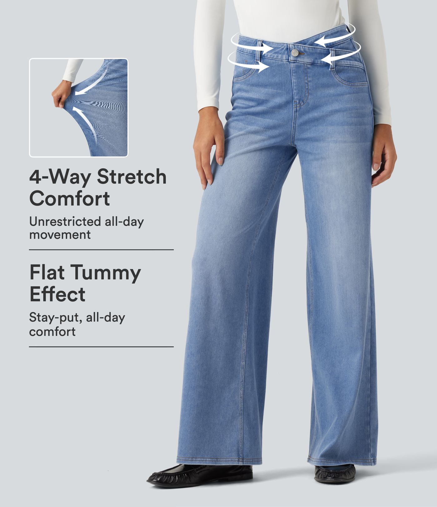 Halara Flex™ Asymmetric High Waisted Tummy Control Wide Leg Casual Jeans with Pockets Halara Flex™ Asymmetric High Waisted Tummy Control Wide Leg Casual Jeans with Pockets