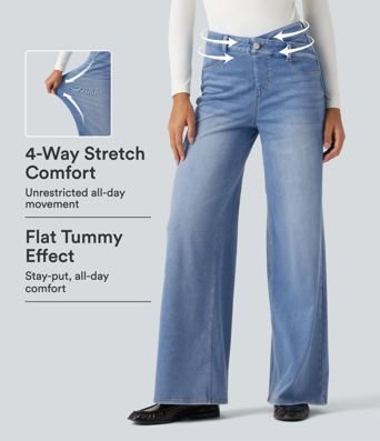 Halara Flex™ Asymmetric High Waisted Tummy Control Wide Leg Casual Jeans with Pockets Halara Flex™ Asymmetric High Waisted Tummy Control Wide Leg Casual Jeans with Pockets