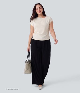 Plus Size Asymmetric Cowl Neck Short Sleeve Ruched Split Hem Work Blouse