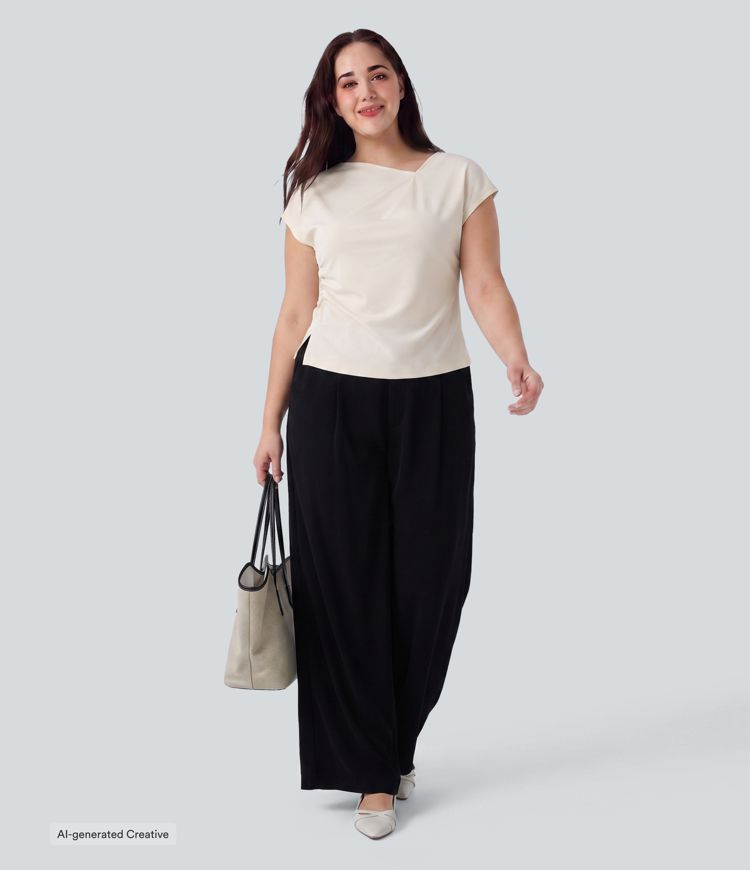 Plus Size Asymmetric Cowl Neck Short Sleeve Ruched Split Hem Work Blouse