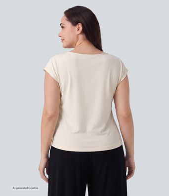 Plus Size Asymmetric Cowl Neck Short Sleeve Ruched Split Hem Work Blouse