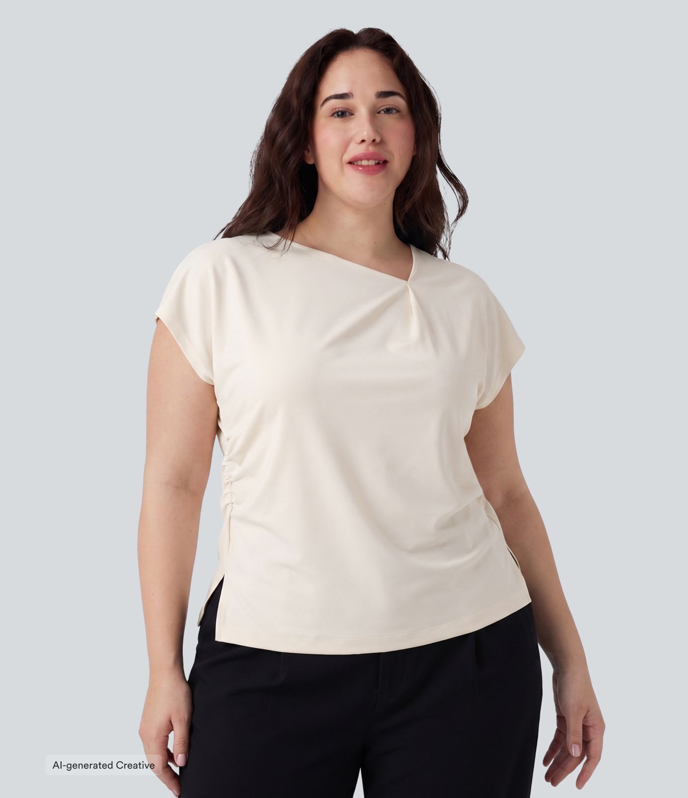 Plus Size Asymmetric Cowl Neck Short Sleeve Ruched Split Hem Work Blouse