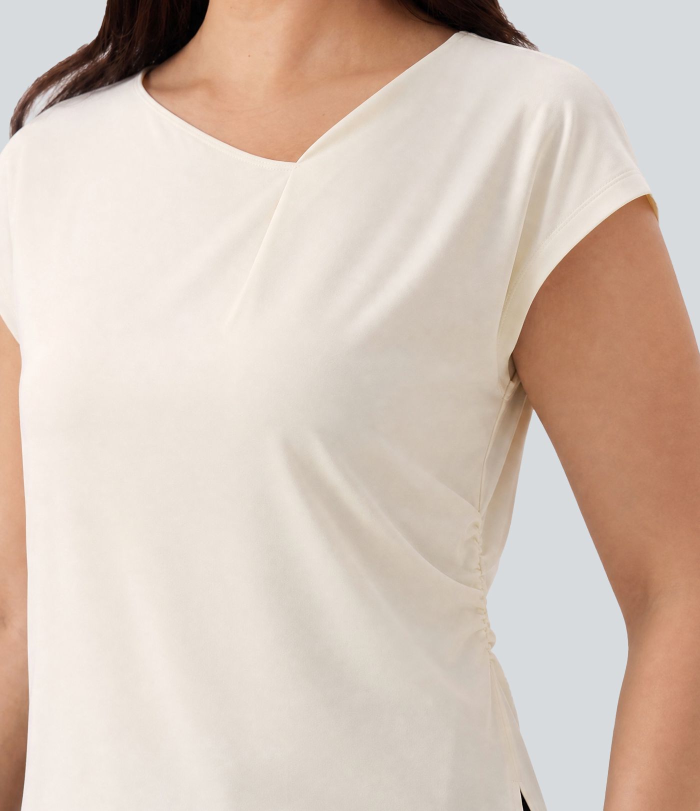 Plus Size Asymmetric Cowl Neck Short Sleeve Ruched Split Hem Work Blouse