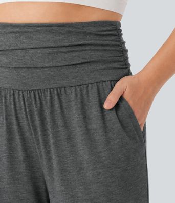 Melírované joggery na jógu ve větších velikostech s vysokým pasem, řasením a kapsami