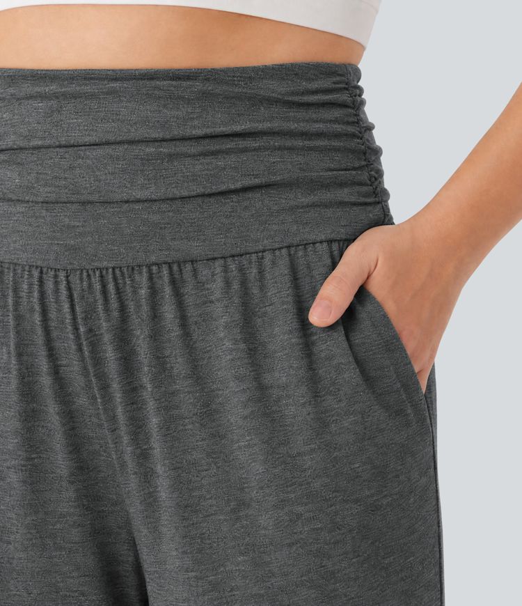 Melírované joggery na jógu ve větších velikostech s vysokým pasem, řasením a kapsami