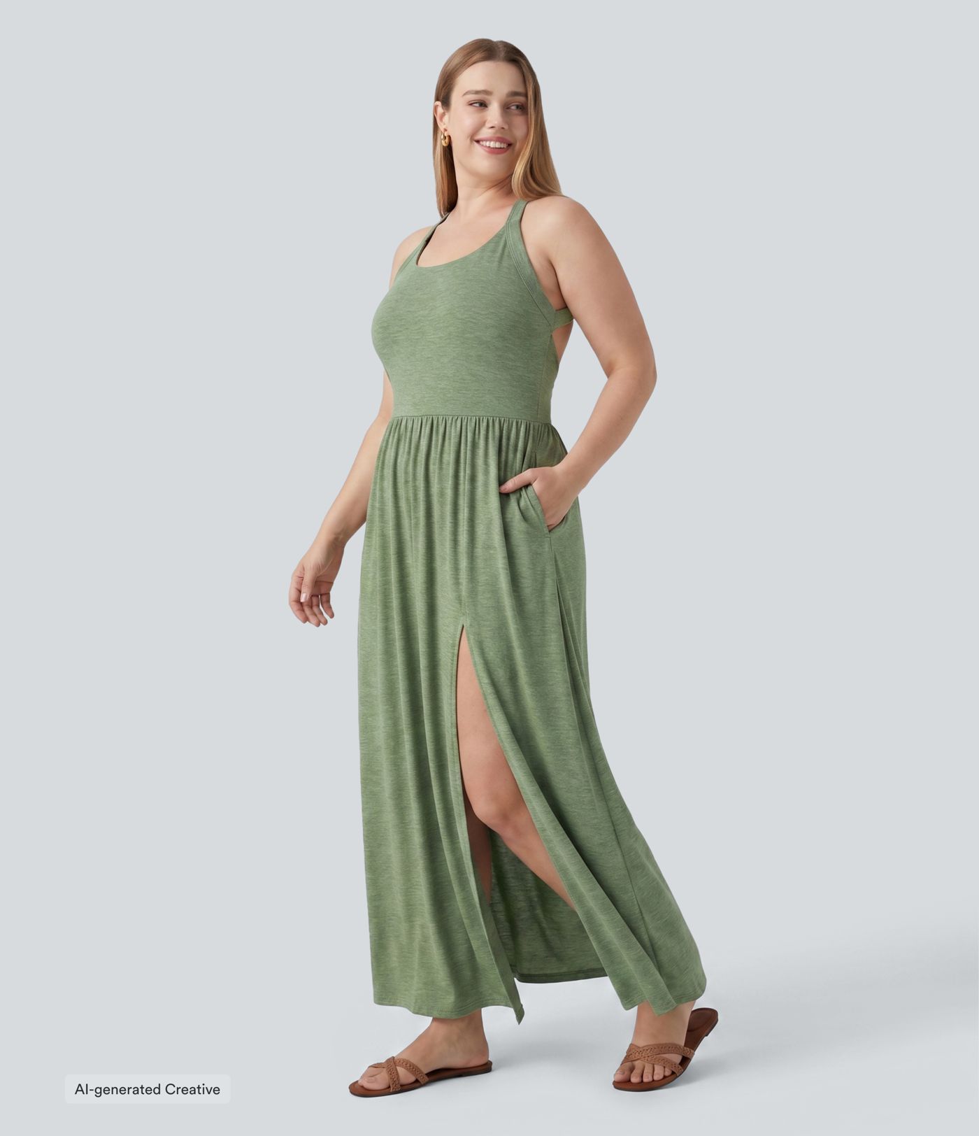 Plus Size Twisted Backless Split Flowy Maxi Resort Dress with Pockets