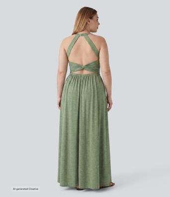 Plus Size Twisted Backless Split Flowy Maxi Resort Dress with Pockets