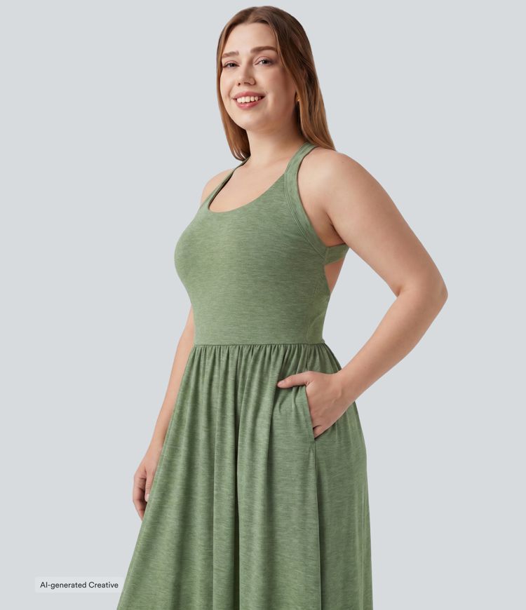 Plus Size Twisted Backless Split Flowy Maxi Resort Dress with Pockets