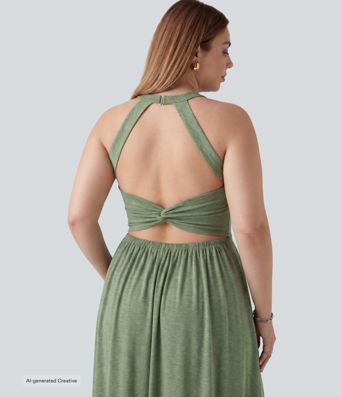 Plus Size Twisted Backless Split Flowy Maxi Resort Dress with Pockets