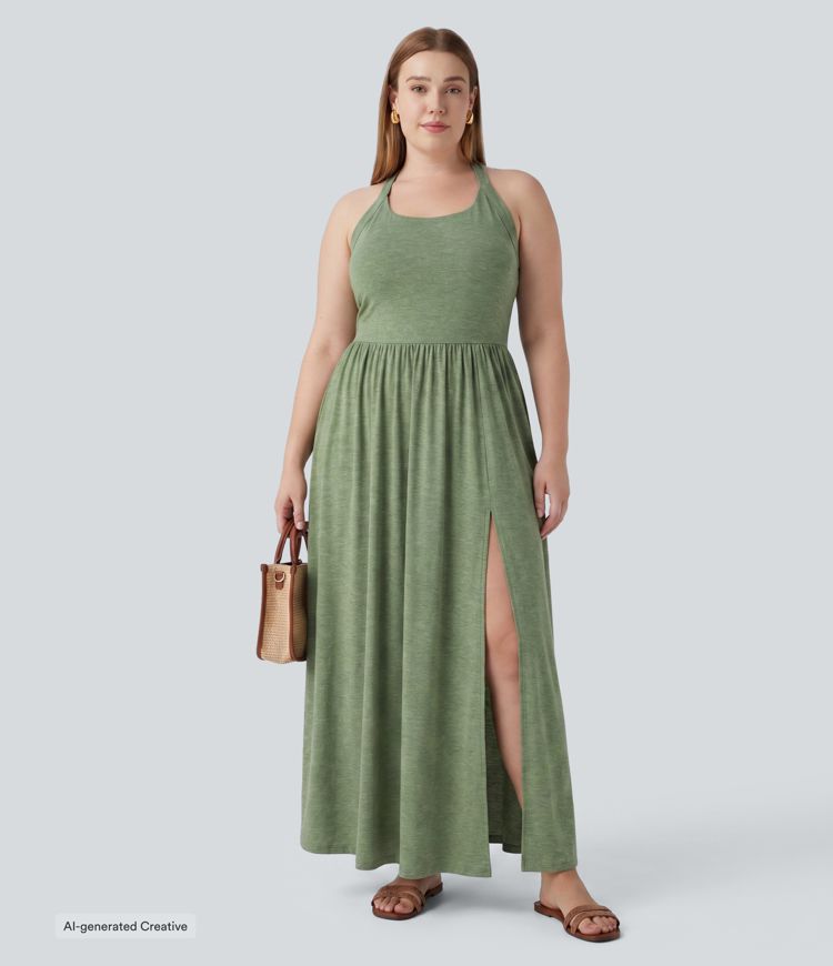 Plus Size Twisted Backless Split Flowy Maxi Resort Dress with Pockets