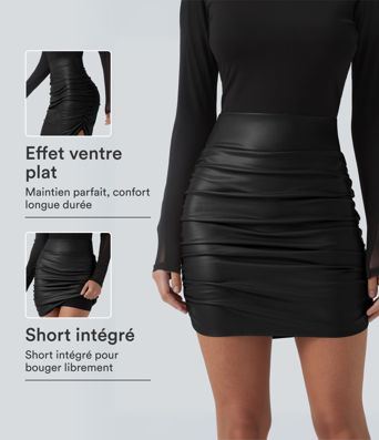 Jupe mini moulante 2-en-1 en molleton et tissu enduit taille haute gainante avec fronces et ourlet arrondi - Longueur plus longue