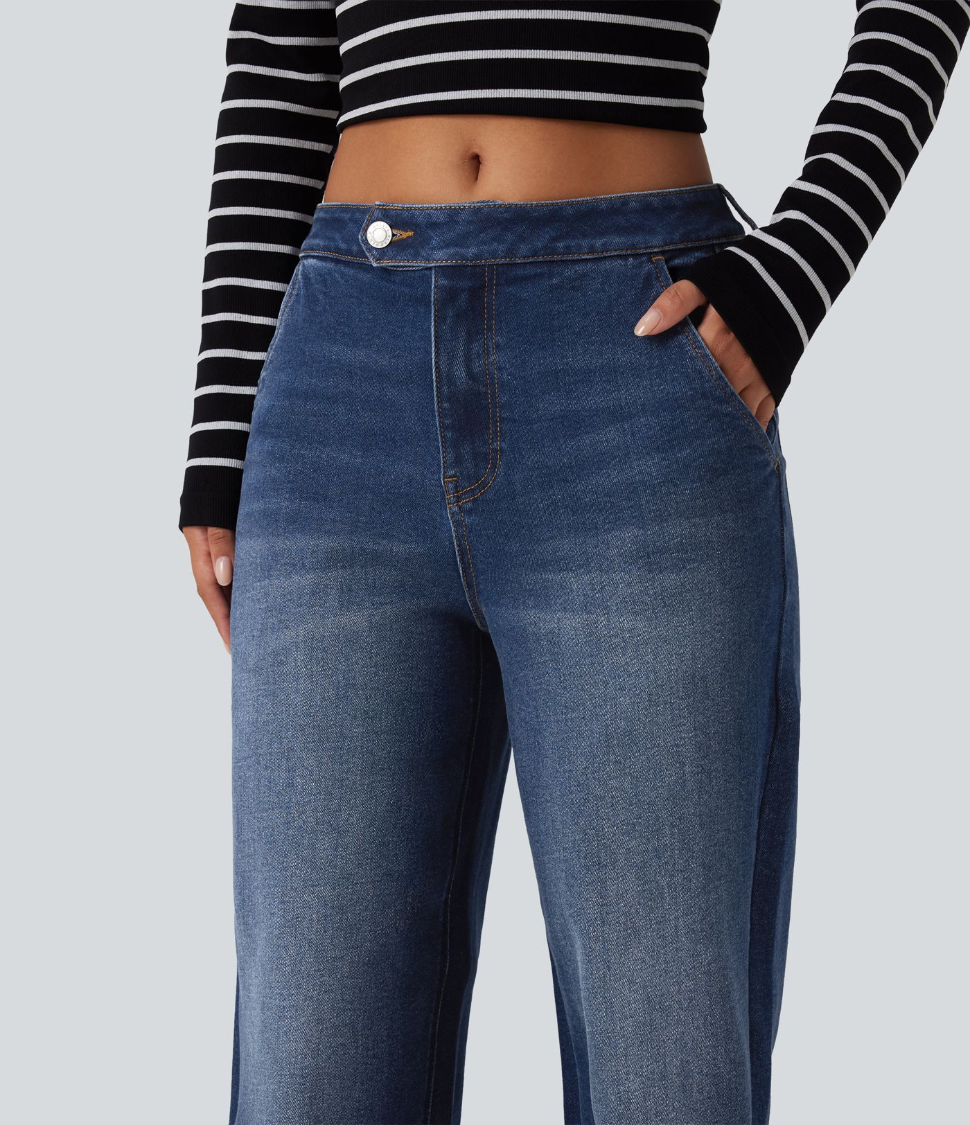 Jean délavé taille mi-haute à jambe large, style décontracté, avec poches