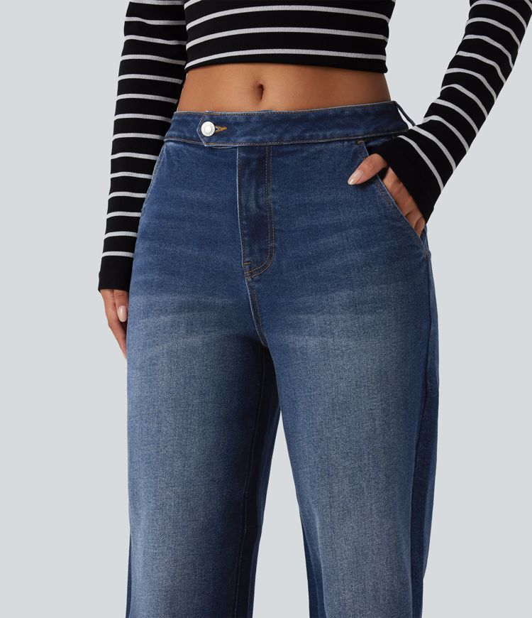 Jean délavé taille mi-haute à jambe large, style décontracté, avec poches