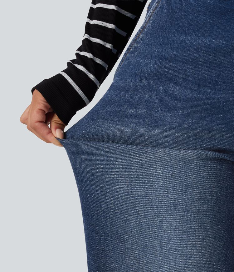 Jean délavé taille mi-haute à jambe large, style décontracté, avec poches
