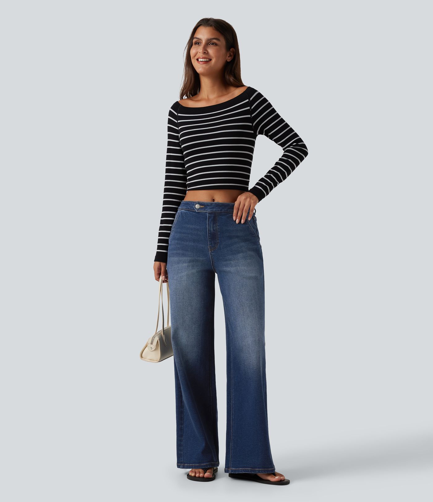 Jean délavé taille mi-haute à jambe large, style décontracté, avec poches