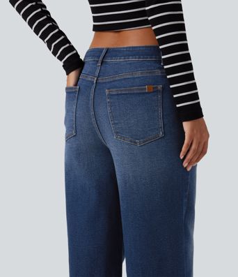 Jean délavé taille mi-haute à jambe large, style décontracté, avec poches