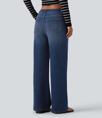 Jean délavé taille mi-haute à jambe large, style décontracté, avec poches