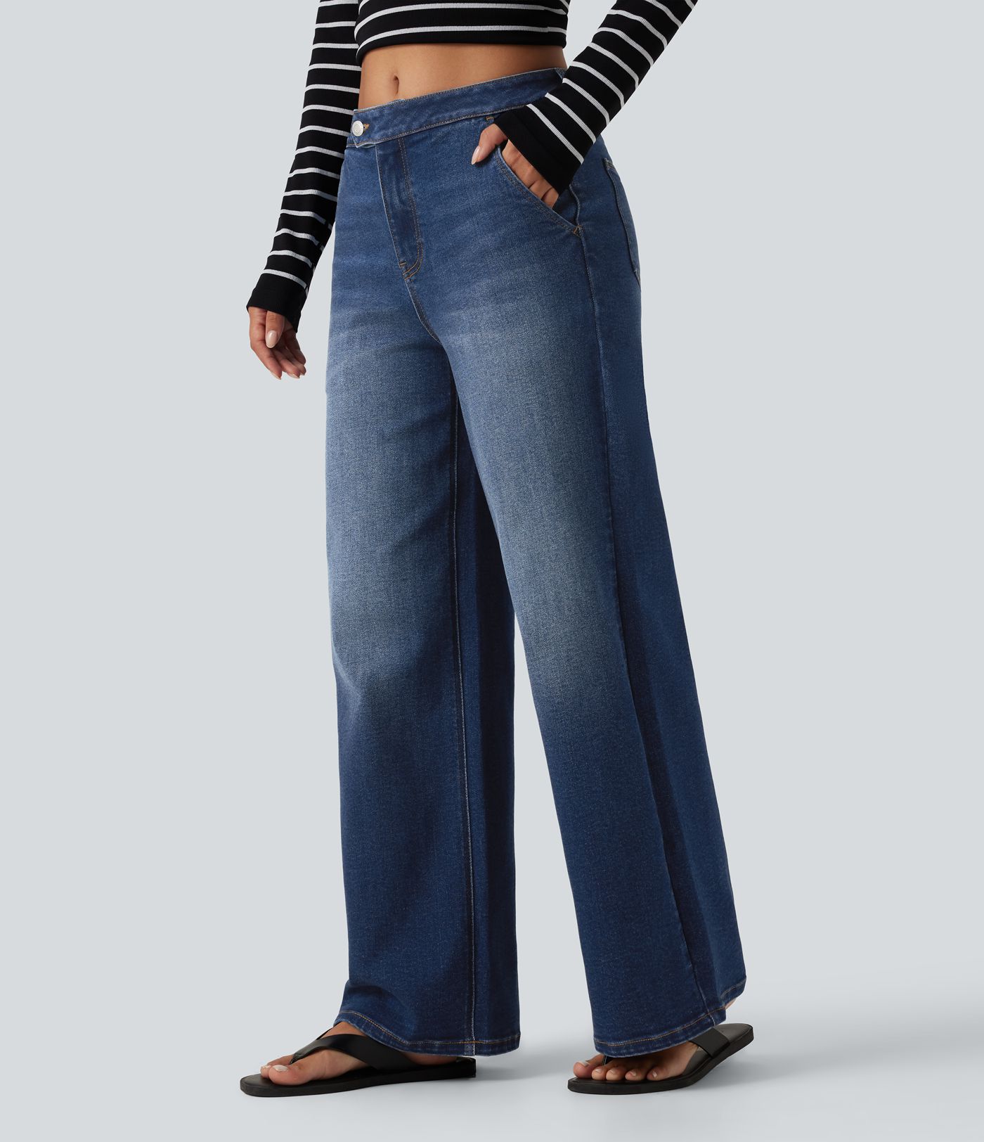 Jean délavé taille mi-haute à jambe large, style décontracté, avec poches