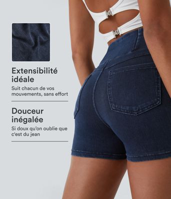 Halara Flex™  Shorts 7,5cm Denim Casual Taille Haute Poches Latérales Croisées en Maille Extensible
