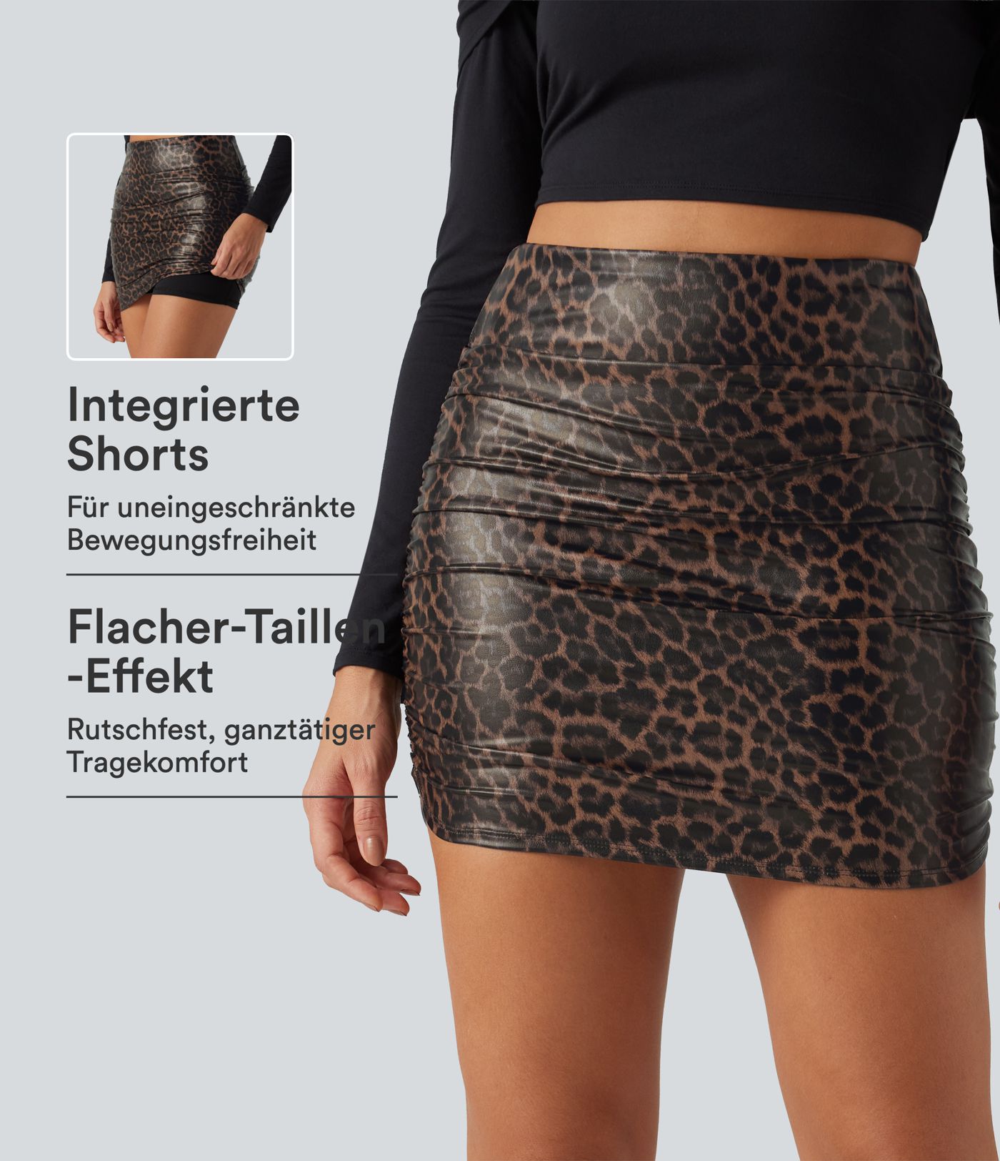 Geraffter 2-in-1 Minirock aus elastischem Kunstleder mit hohem Bund, Bauchkontrolle, Leopardenmuster und abgerundetem Saum Geraffter 2-in-1 Minirock aus elastischem Kunstleder mit hohem Bund, Bauchkontrolle, Leopardenmuster und abgerundetem Saum