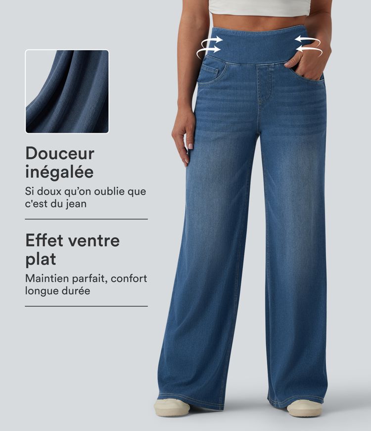 Halara Flex™ Jean large casual taille haute ventre plat, en lyocell drapé effet délavé, avec poches Halara Flex™ Jean large casual taille haute ventre plat, en lyocell drapé effet délavé, avec poches