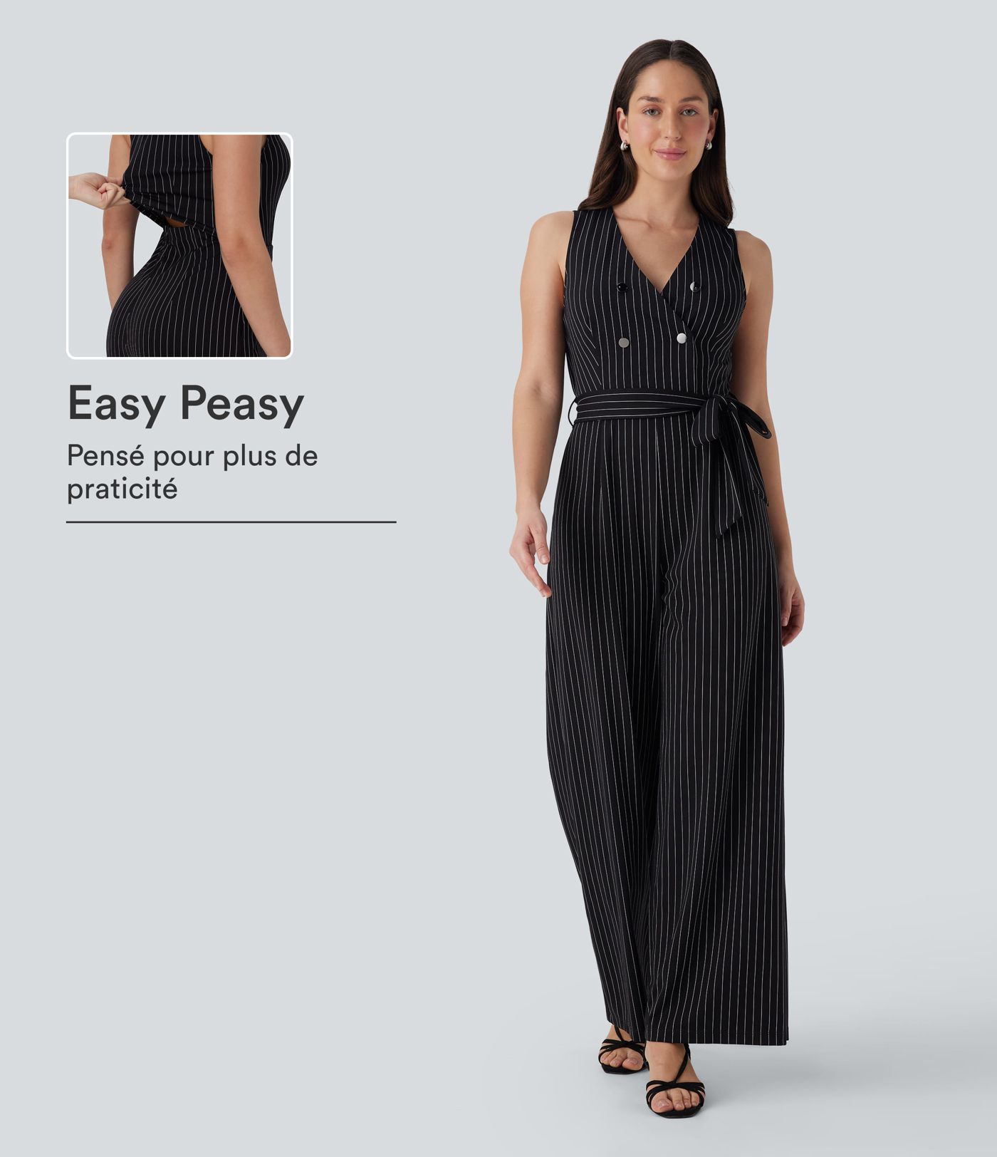 Combinaison tailleur sans manches à col V, ceinturée, avec zip invisible, rayures et effet frais avec poches, accès facile Easy Peasy Combinaison tailleur sans manches à col V, ceinturée, avec zip invisible, rayures et effet frais avec poches, accès facile Easy Peasy