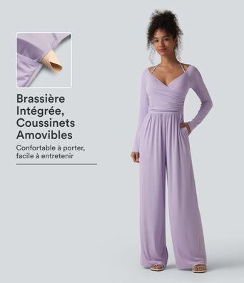 Combinaison casual en maille côtelée dos nu noué épaules dénudées manches longues avec soutien-gorge intégré et poches Combinaison casual en maille côtelée dos nu noué épaules dénudées manches longues avec soutien-gorge intégré et poches