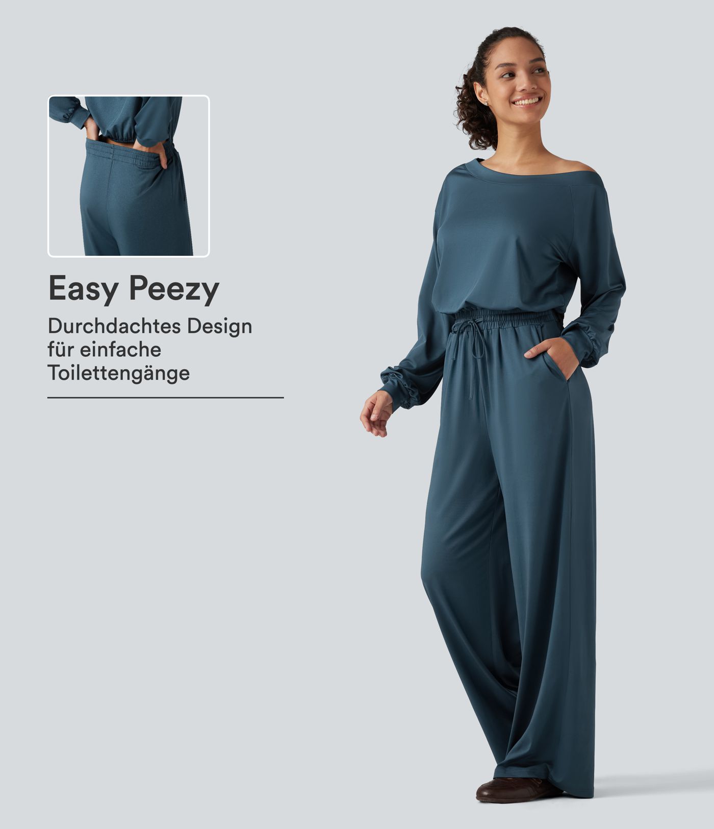 Lässiger Jumpsuit mit Seitentaschen, langen Ärmeln, Kordelzug und One-Shoulder-Design - Easy Peezy Edition Lässiger Jumpsuit mit Seitentaschen, langen Ärmeln, Kordelzug und One-Shoulder-Design - Easy Peezy Edition