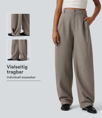 Lässige Hose mit hohem Bund, Seitentaschen, Karomuster und geschwungenem Bein