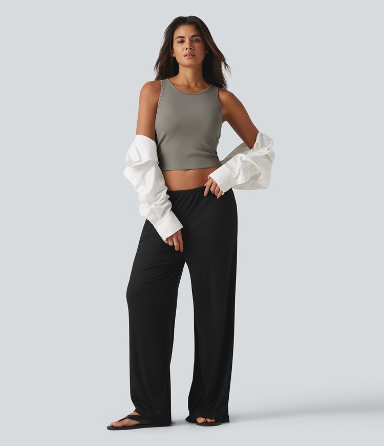 Ribbed Knit Round Neck Built-in Bra Cropped Casual Tank Top Ribbed Knit Round Neck Built-in Bra Cropped Casual Tank Top