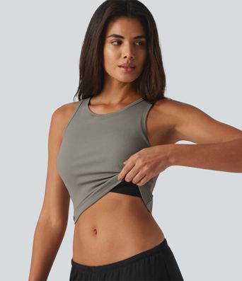 Ribbed Knit Round Neck Built-in Bra Cropped Casual Tank Top Ribbed Knit Round Neck Built-in Bra Cropped Casual Tank Top