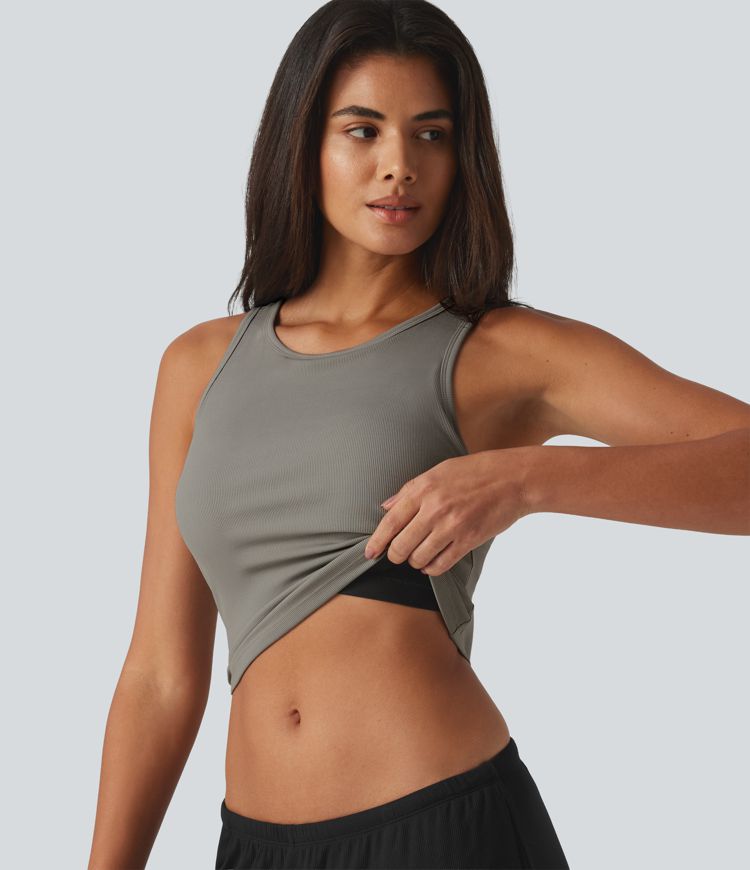 Ribbed Knit Round Neck Built-in Bra Cropped Casual Tank Top Ribbed Knit Round Neck Built-in Bra Cropped Casual Tank Top