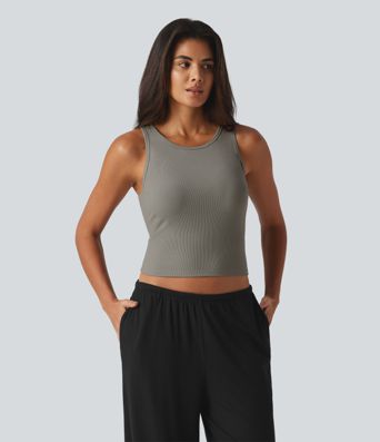 Ribbed Knit Round Neck Built-in Bra Cropped Casual Tank Top Ribbed Knit Round Neck Built-in Bra Cropped Casual Tank Top
