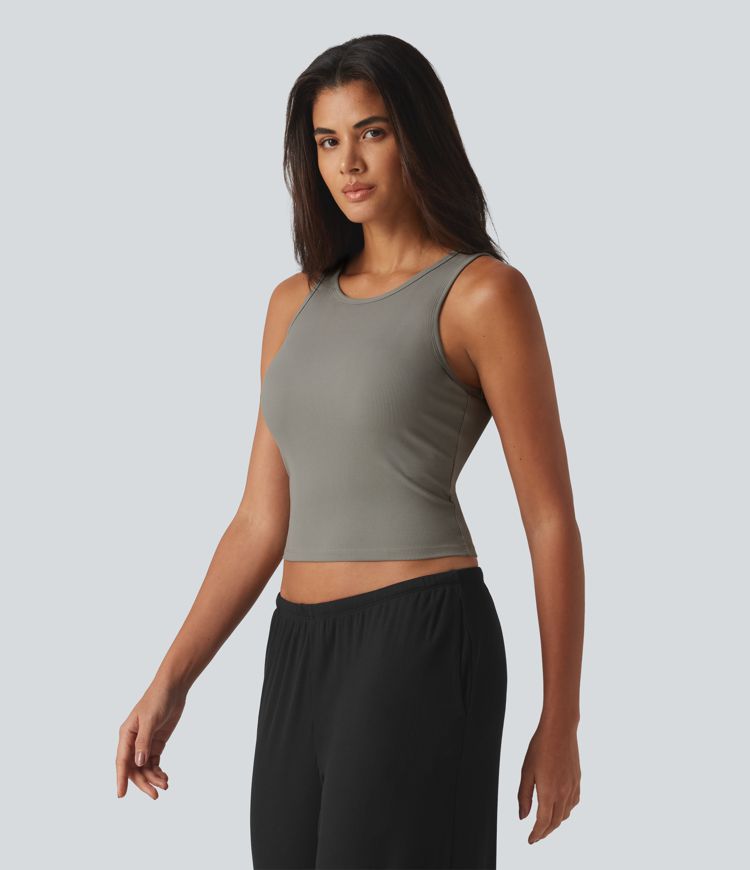 Ribbed Knit Round Neck Built-in Bra Cropped Casual Tank Top Ribbed Knit Round Neck Built-in Bra Cropped Casual Tank Top