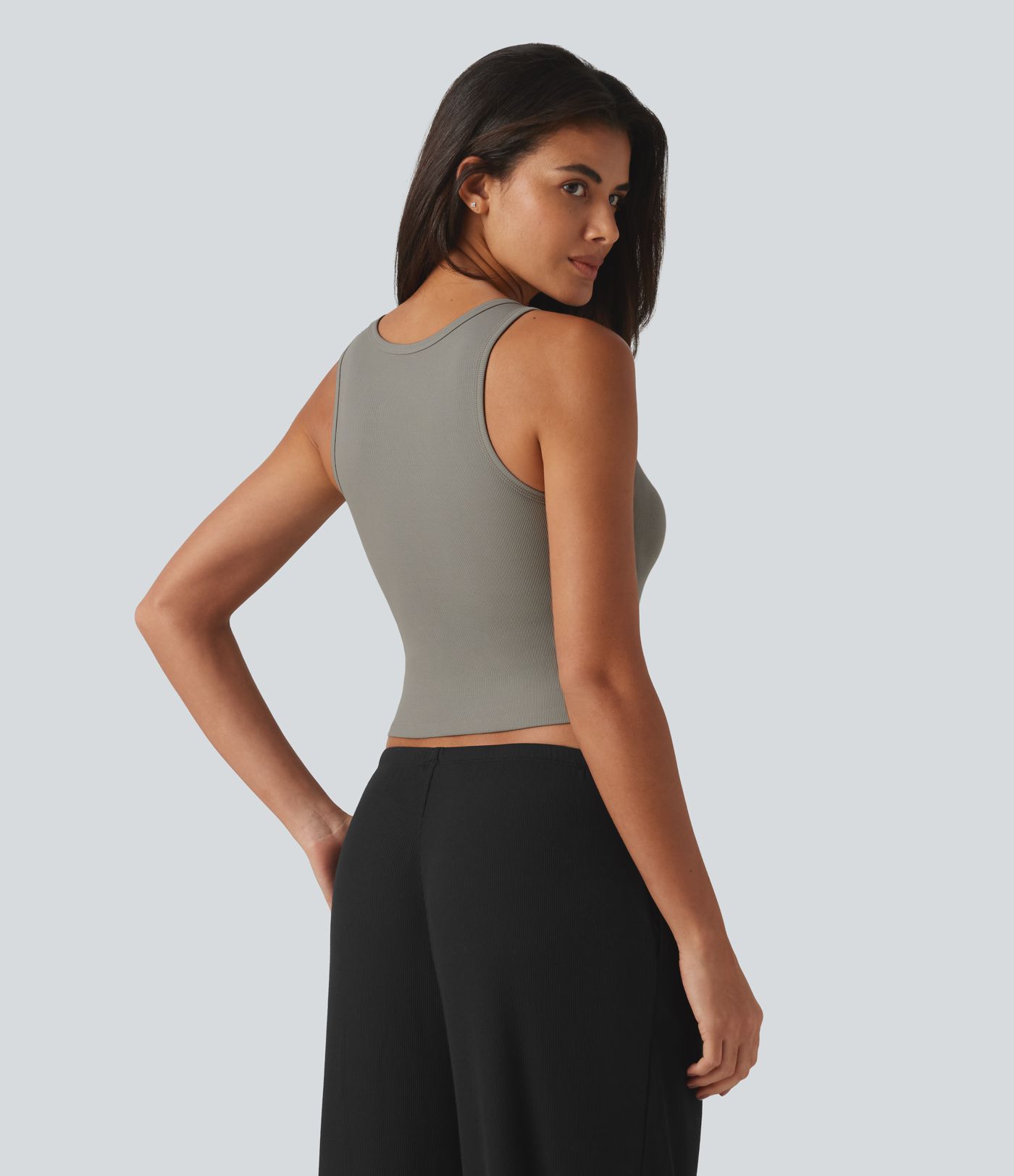 Ribbed Knit Round Neck Built-in Bra Cropped Casual Tank Top Ribbed Knit Round Neck Built-in Bra Cropped Casual Tank Top