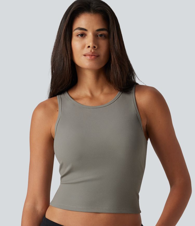 Ribbed Knit Round Neck Built-in Bra Cropped Casual Tank Top Ribbed Knit Round Neck Built-in Bra Cropped Casual Tank Top