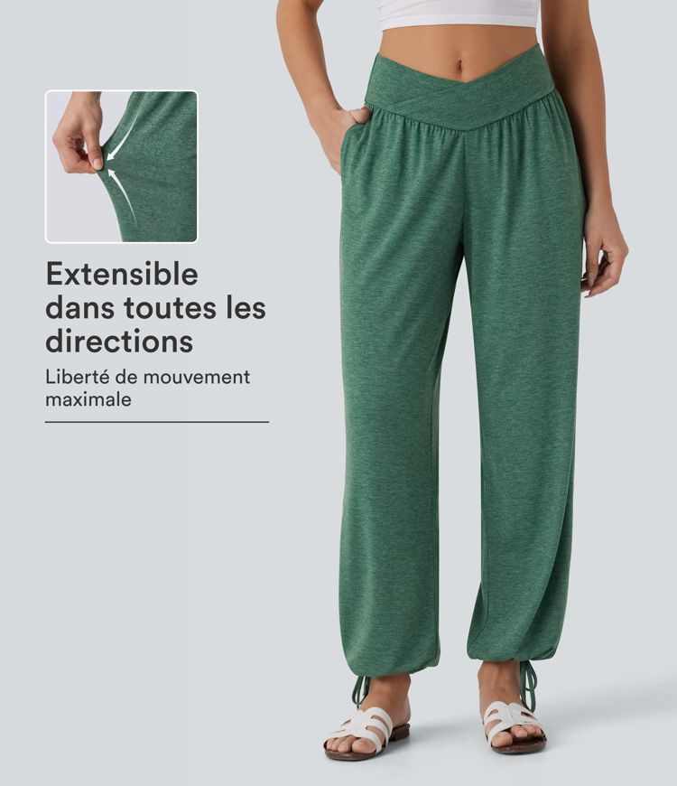 Pantalon de jogging décontracté à taille haute croisée avec poches latérales et cordon de serrage Pantalon de jogging décontracté à taille haute croisée avec poches latérales et cordon de serrage