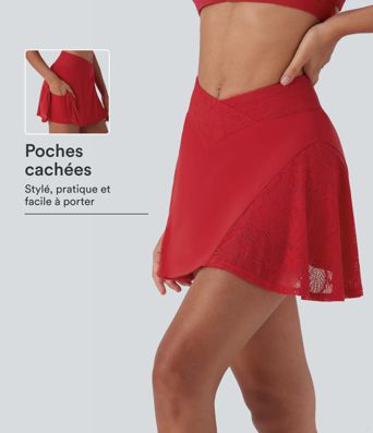 Jupe mini de yoga 2-en-1 SoftlyZero™ Airy croisée taille haute avec dentelle contrastante, à effet frais InstantCool et poche, protection solaire UPF50+